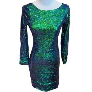 Green Multicolor Sequin Long Sleeve Dress Mini Disco Holiday Party S Vneck Back